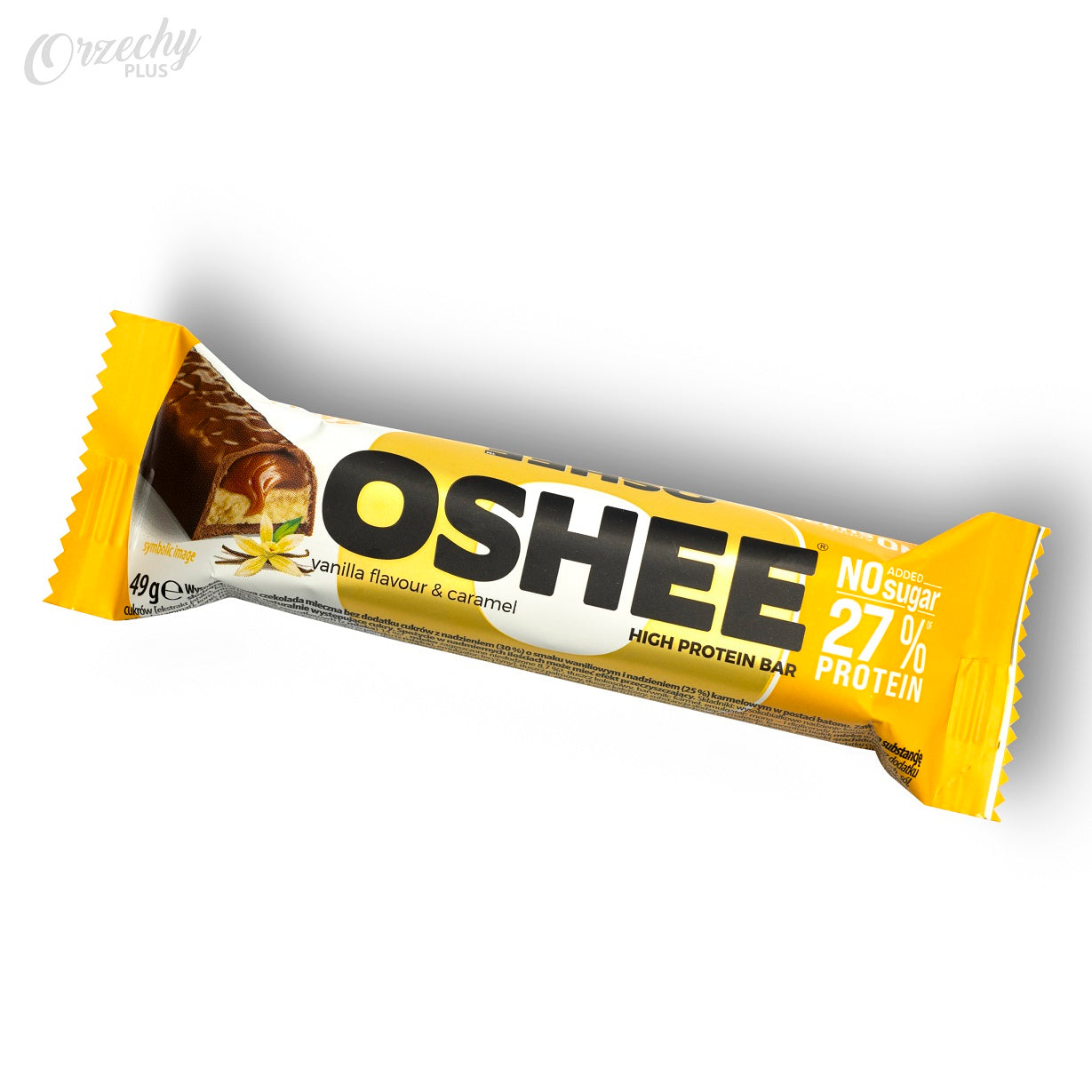 Baton proteinowy ,,OSHEE” o smaku waniliowym z karmelem, 27% białka, 49 g