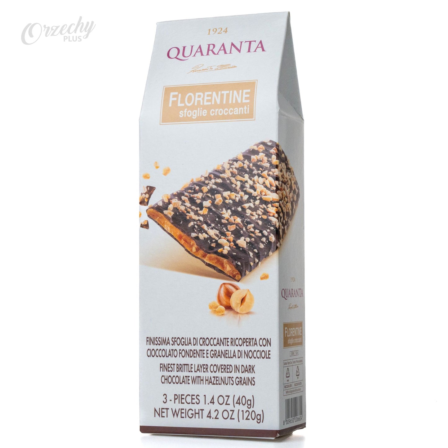 Batoniki krokantowe z orzechami laskowymi „QUARANTA”, pokryte gorzką czekoladą, 120 g