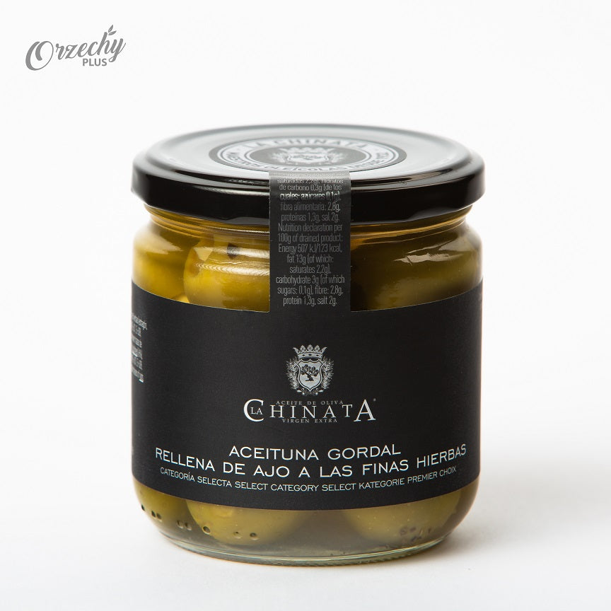 Oliwki „Gordal“ nadziewane czosnkiem z ziołami „LA CHINATA“, 340 g