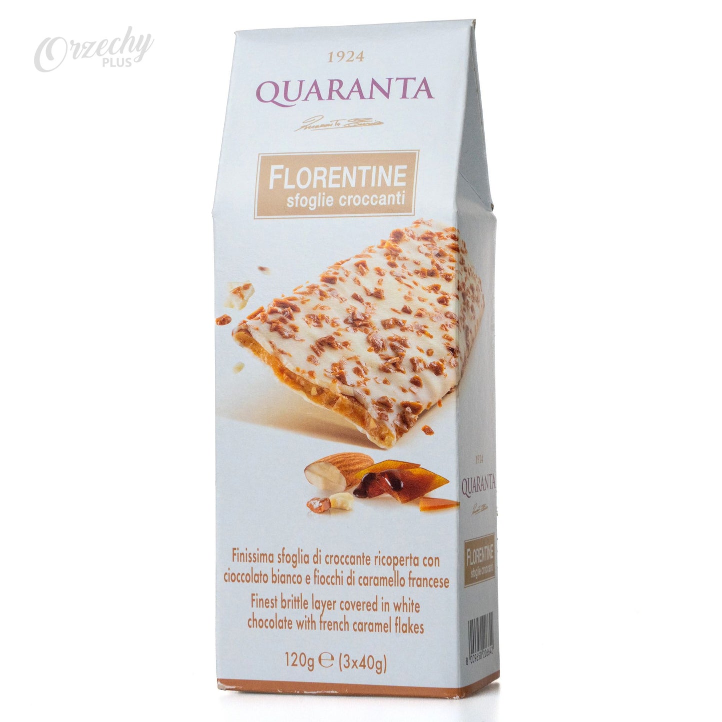 Batoniki krokantowe z kawałkami karmelu „QUARANTA”, pokryte białą czekoladą, 120 g