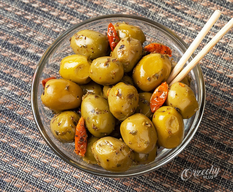 Zielone oliwki z oregano i papryczką chili, 250 g